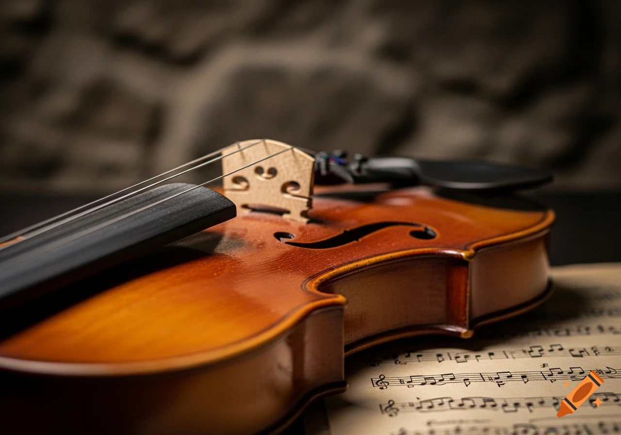 Close-up of a wooden violin with its bridge and strings, resting on a sheet of blurred music notes, with a soft background.