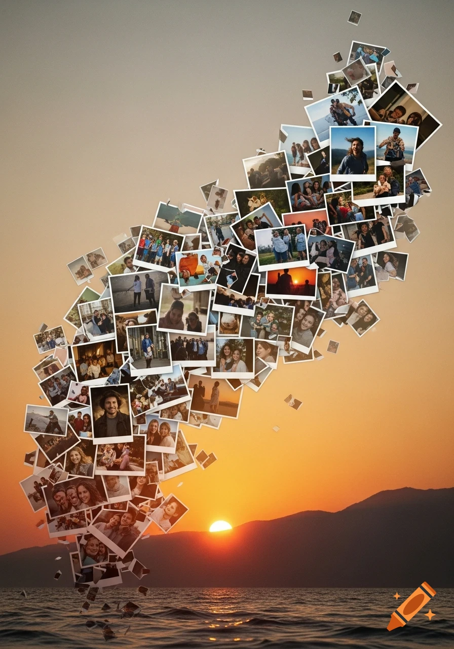 A large collage of many personal photos forming a cloud-like shape against a vibrant sunset over a calm sea with mountains.