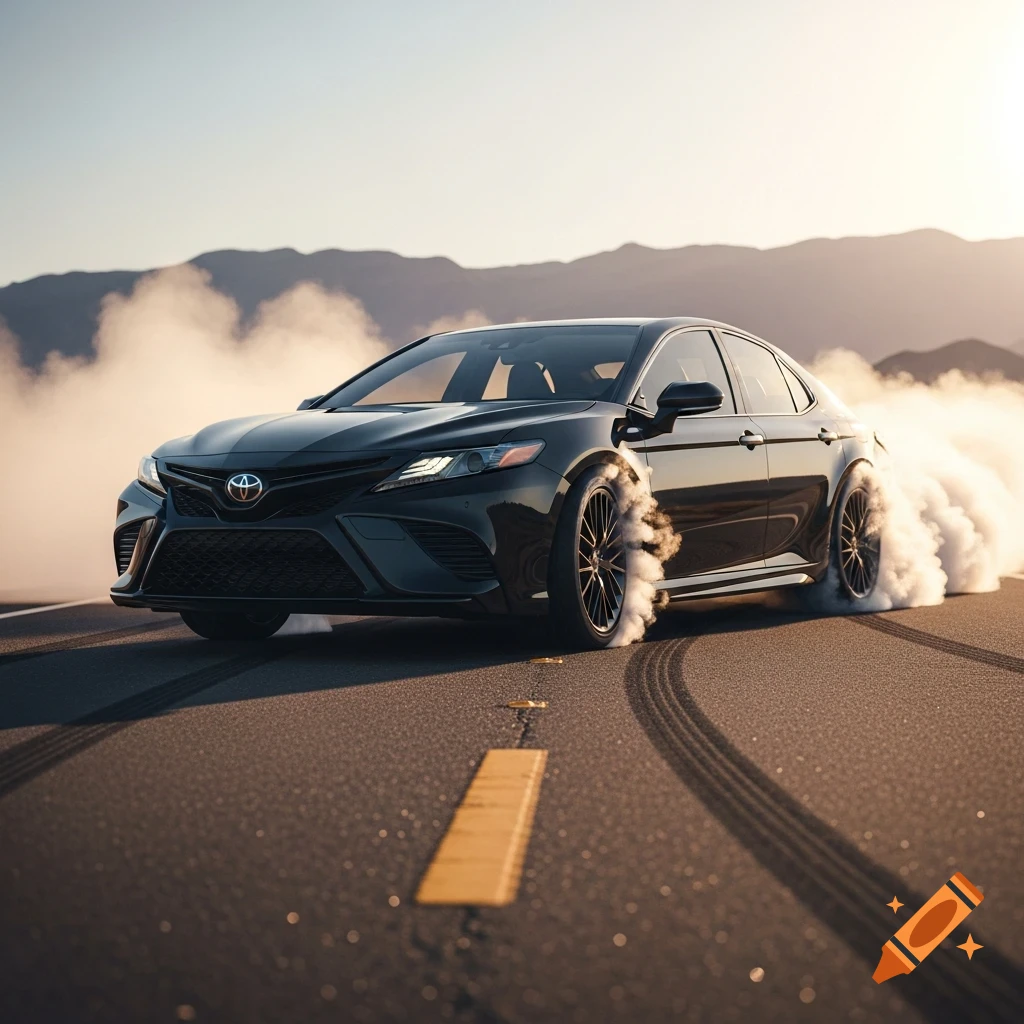 A black Toyota Camry sedan performs a burnout on an asphalt road, generating thick smoke, with mountains under a sunset sky.