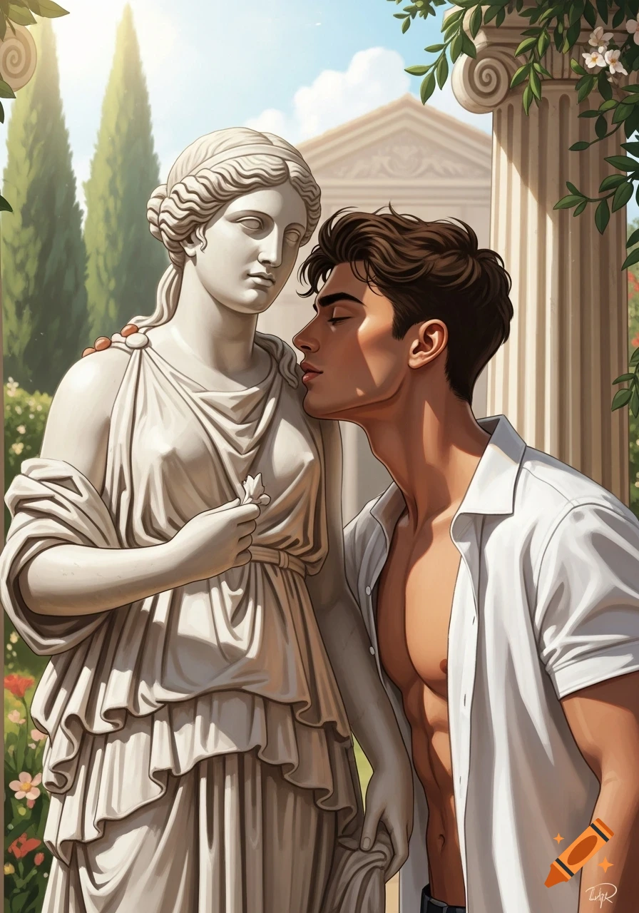 An illustration of a man in an open white shirt kissing a Roman statue of a woman in a sunny garden with classical architecture.