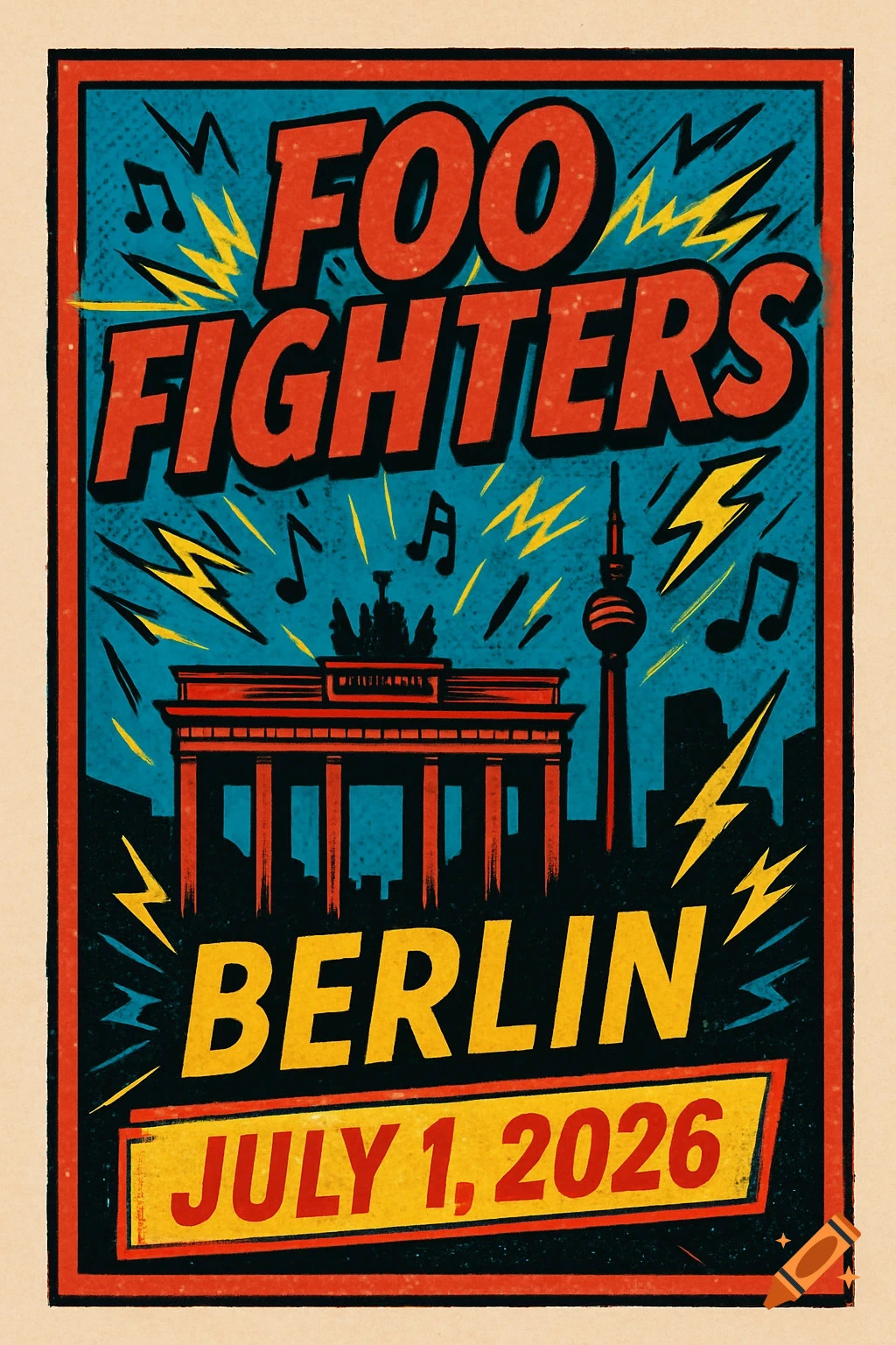 A distressed comic-style concert poster for Foo Fighters in Berlin on July 1, 2026, featuring the Brandenburg Gate and TV Tower.