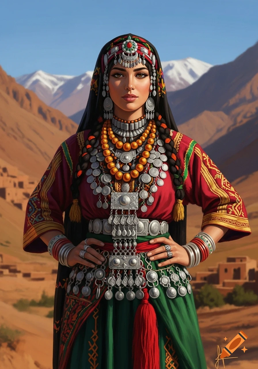 Beautiful Kabyle woman in ornate traditional dress and elaborate jewelry stands in a desert mountain landscape.