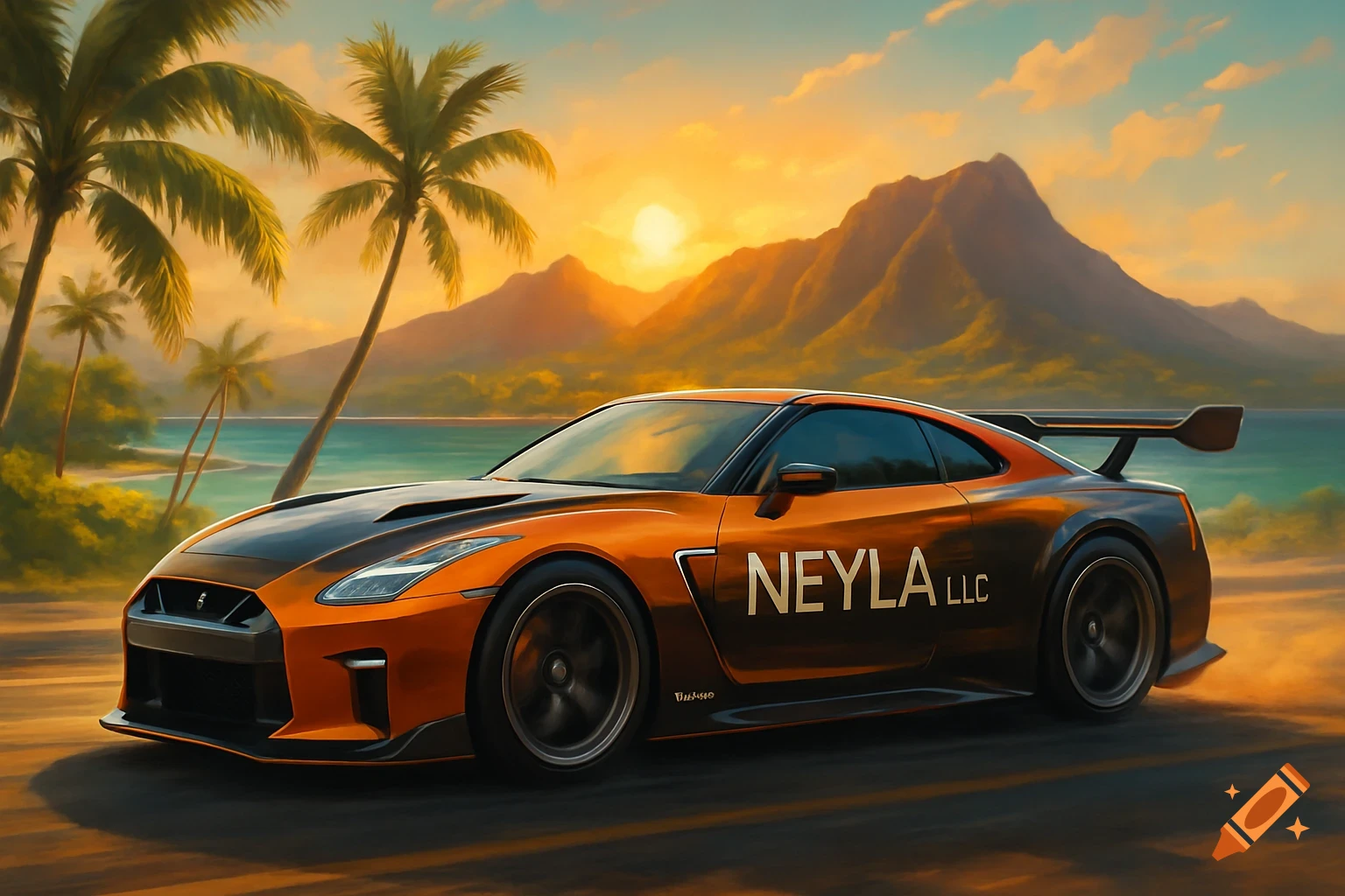An orange and black Nissan GTR Nismo with 'NEYLA LLC' on its side drives along a coastal road at sunset, with palm trees and mountains in the background.
