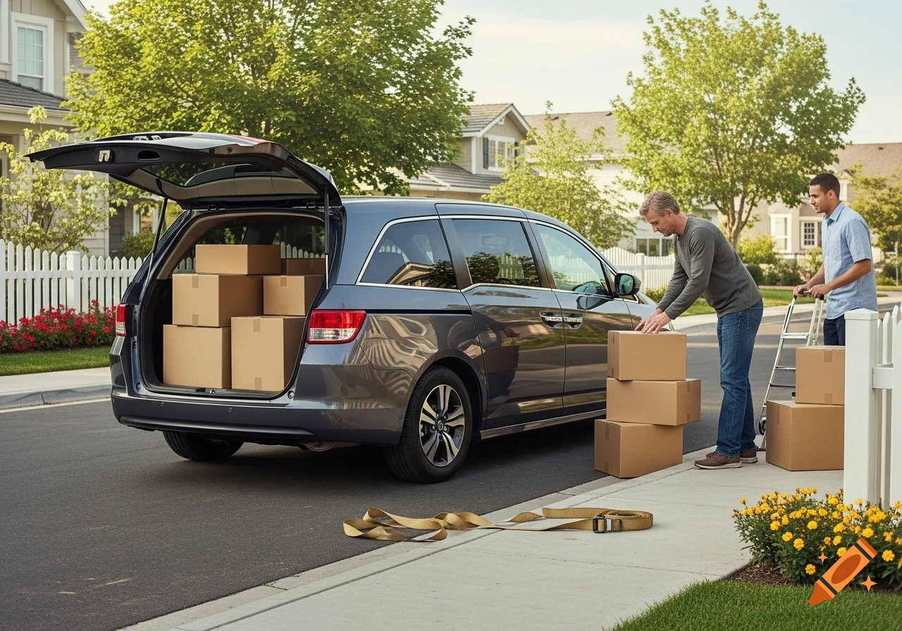Two men pack cardboard boxes into the open trunk of a grey Honda Odyssey minivan parked on a suburban street.