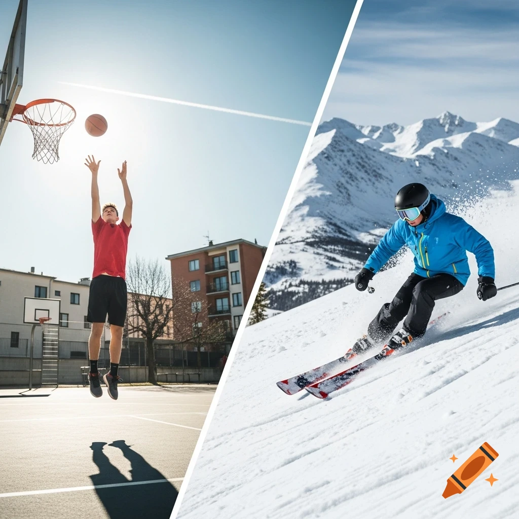 A split image shows a young man jumping to shoot a basketball on a court and a person skiing down a snowy mountain slope.