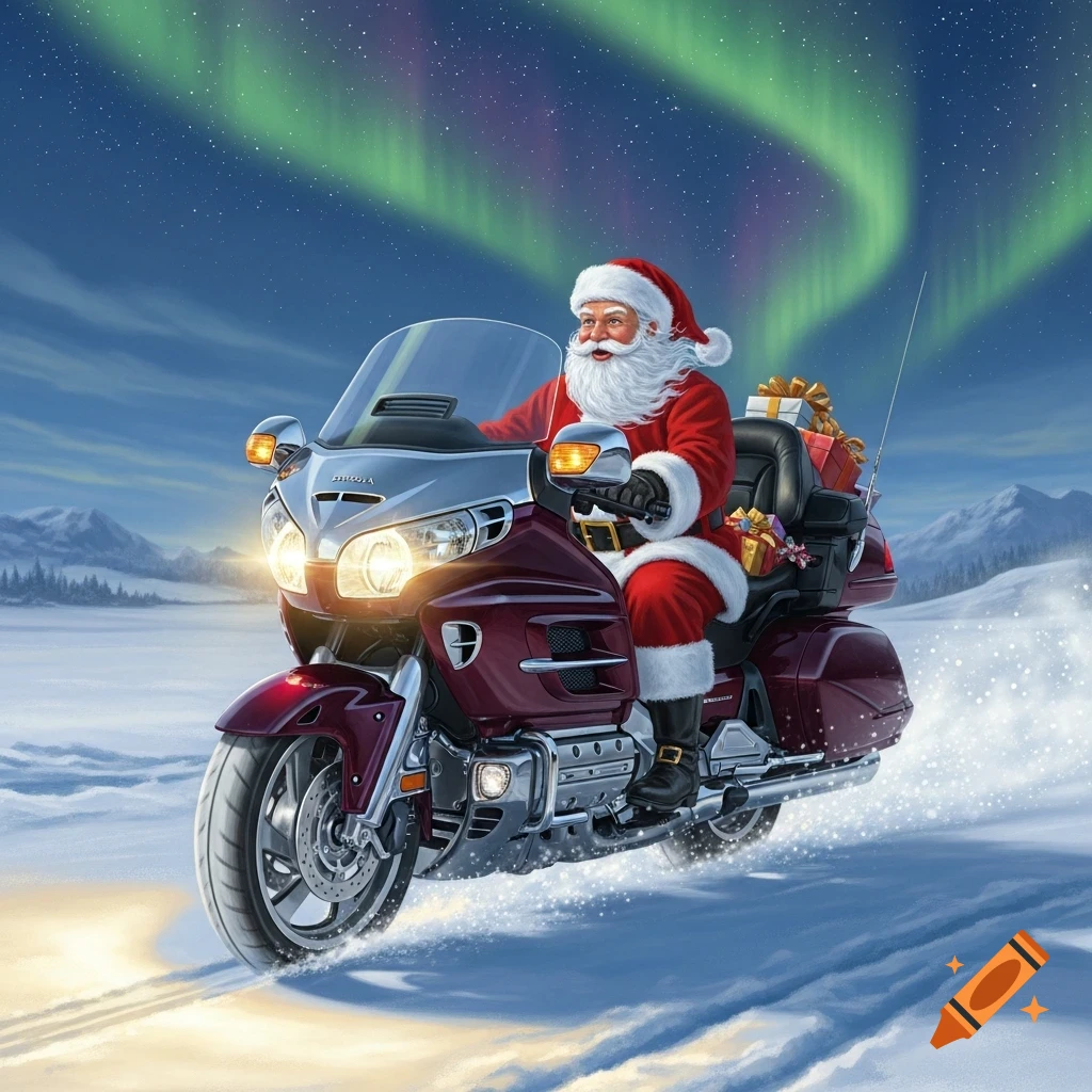 Santa Claus rides a red Honda Goldwing motorcycle through a snowy landscape under the vibrant Northern Lights.
