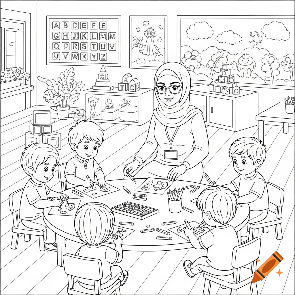 Black and white line art of a kindergarten classroom with a teacher wearing a hijab and glasses, and five children coloring at a round table.