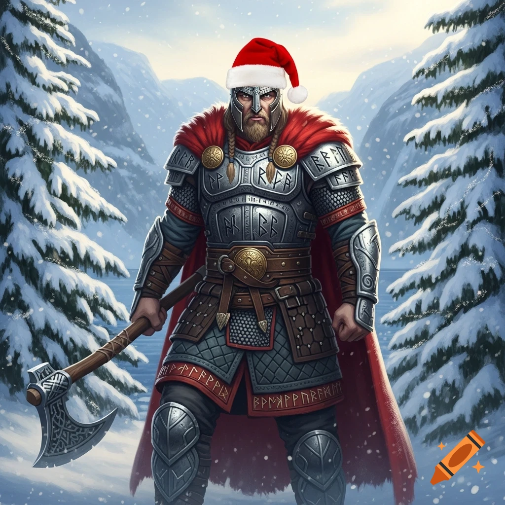 A fierce Viking warrior wearing a red Santa hat and intricate armor holds an axe in a snowy mountain landscape.