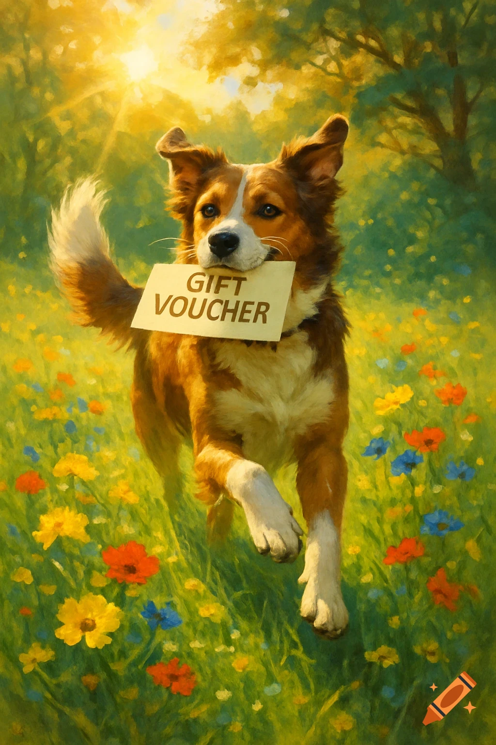 A brown and white dog runs through a field of colorful flowers, holding a "GIFT VOUCHER" in its mouth, in a sun-drenched painting style.