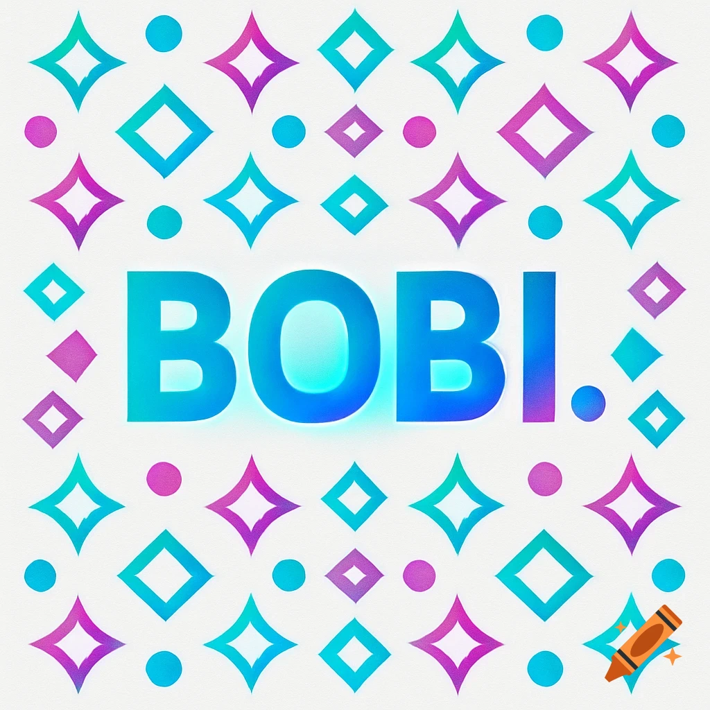The word 'BOBI.' in gradient blue and purple, centered on a white background, surrounded by a border of teal and magenta diamond and circular geometric patterns.