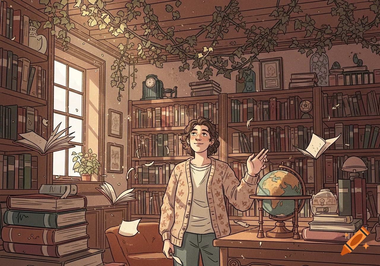 A person with curly hair in a cozy, whimsical comic-style library, with books floating around and ivy on the ceiling.