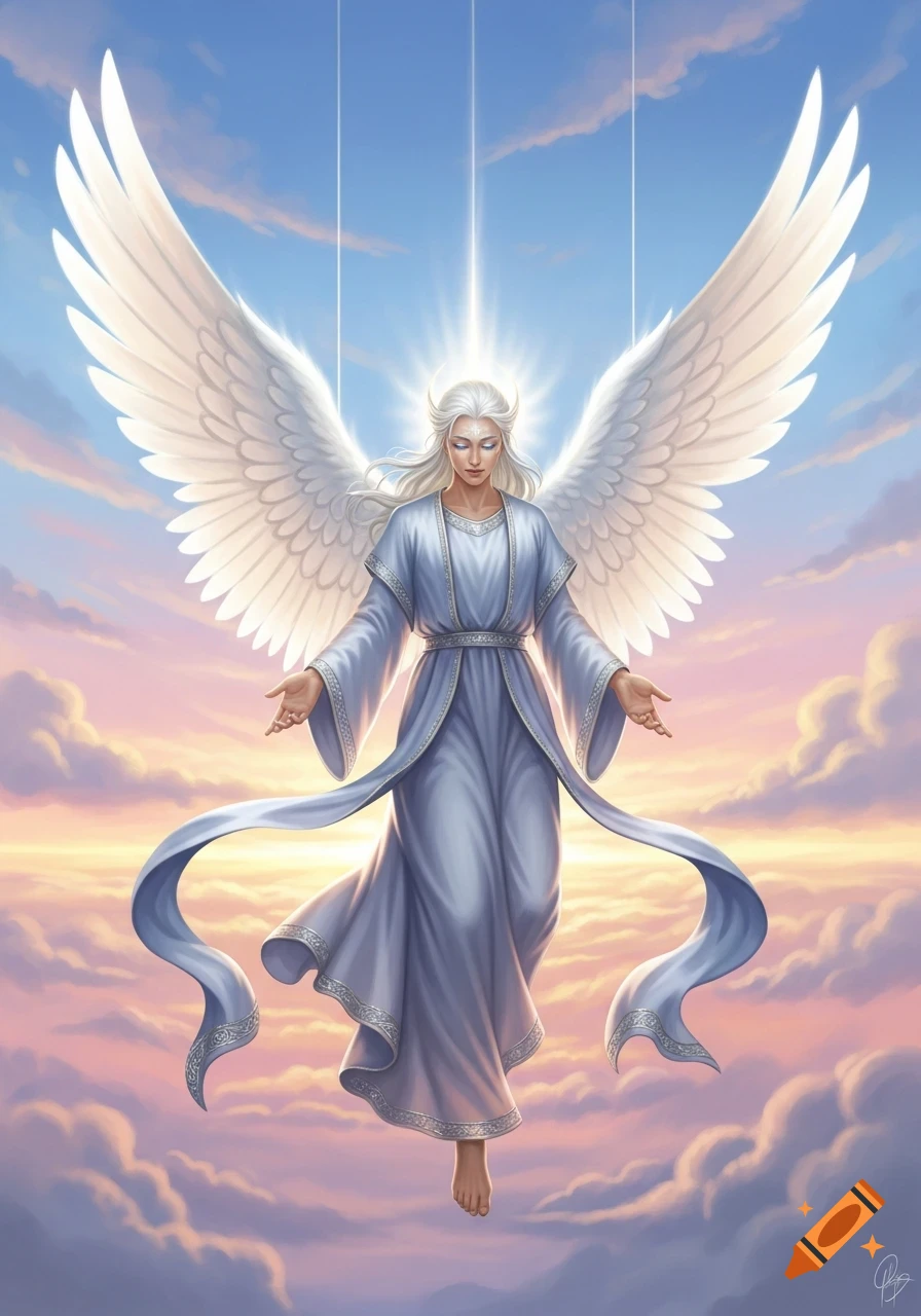 A serene angel with white hair and large white wings floats in a light blue robe above clouds, illuminated by a celestial light.
