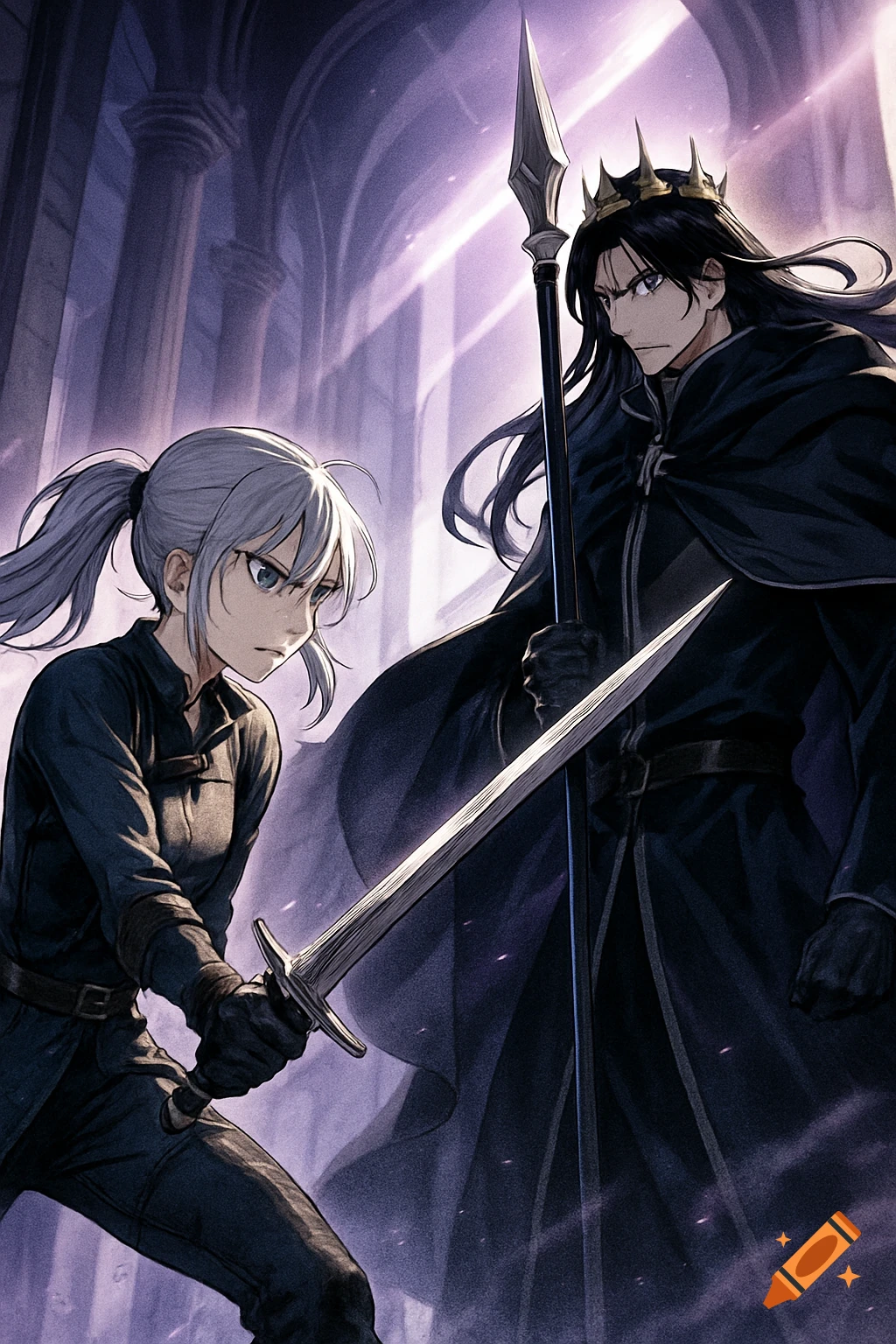 Anime-style art of a silver-haired girl with a sword facing a crowned, black-haired monarch with a spear in a gothic hall.