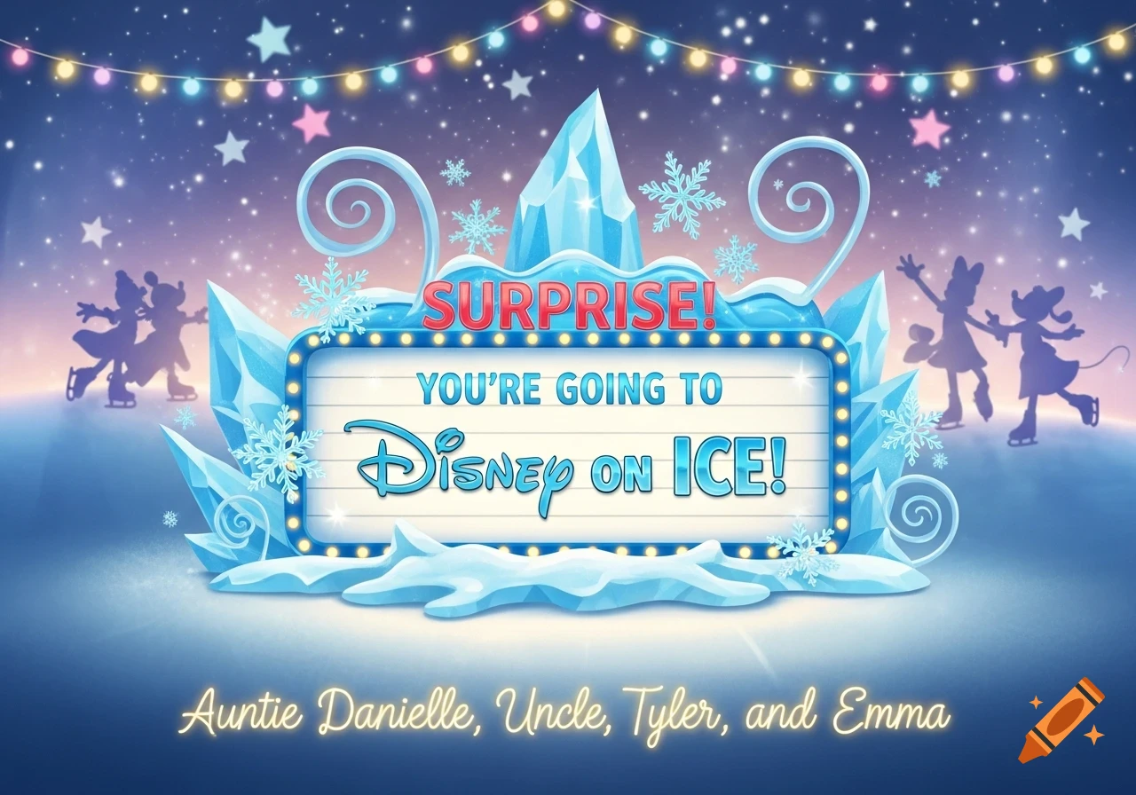 A stylized banner on an ice rink announces "SURPRISE! YOU'RE GOING TO Disney on ICE!" with Mickey and Minnie silhouettes ice skating under starry lights.
