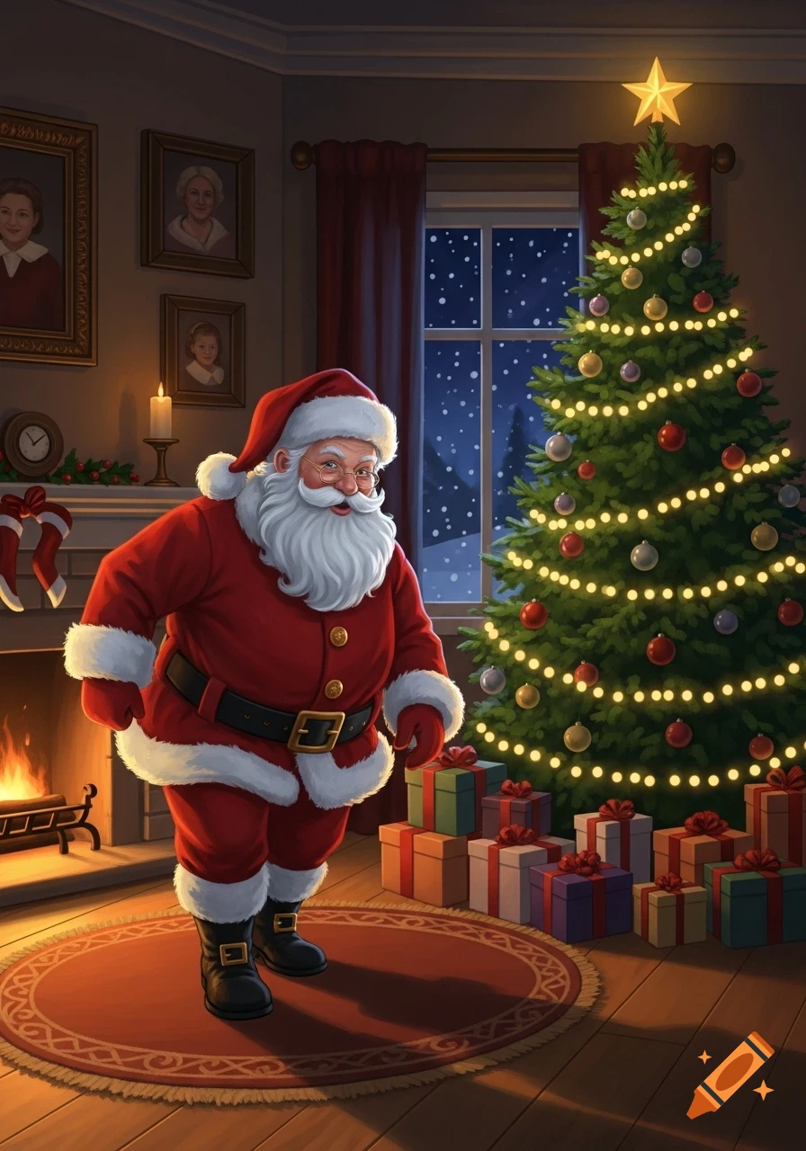 Santa Claus stands in a warmly lit living room filled with a decorated Christmas tree and presents, as snow falls outside a window.
