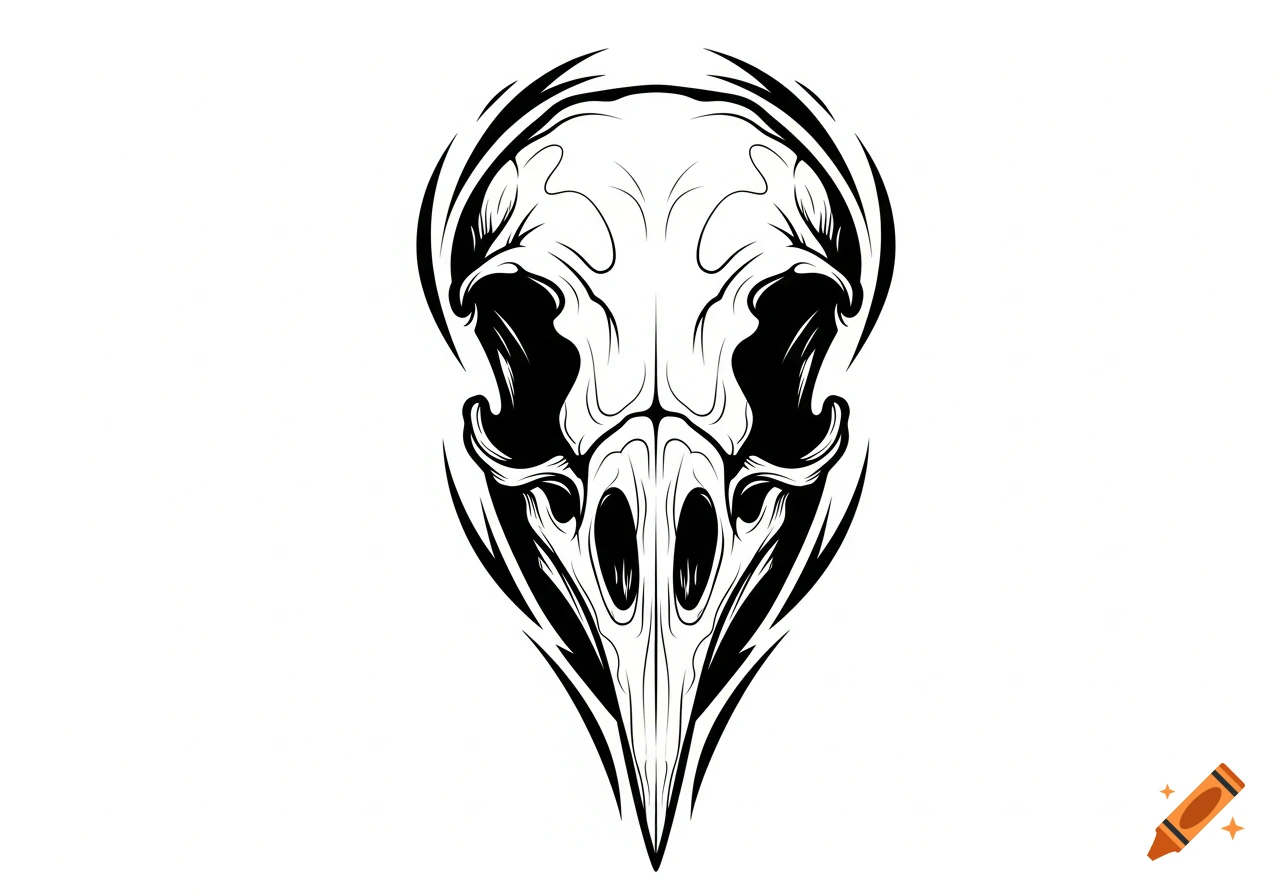 A stylized black and white graphic illustration of a crow skull with tribal-like elements.