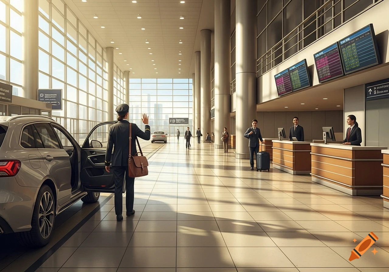 A person in a pilot's uniform waves goodbye next to an open car door in a modern, sunlit airport terminal with check-in counters and large windows.