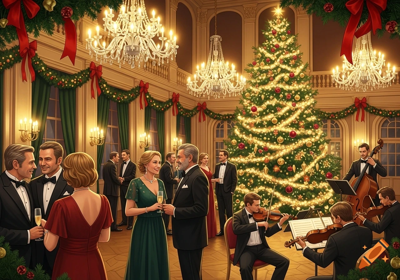 A formal Christmas party with elegantly dressed guests, a large decorated Christmas tree, and a string quartet playing in a grand hall.