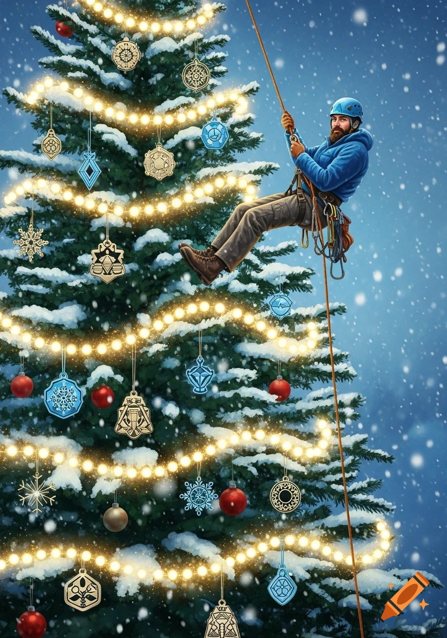 Man in a blue helmet and jacket rappels down a snow-covered Christmas tree adorned with lights and ornaments, as snow falls.