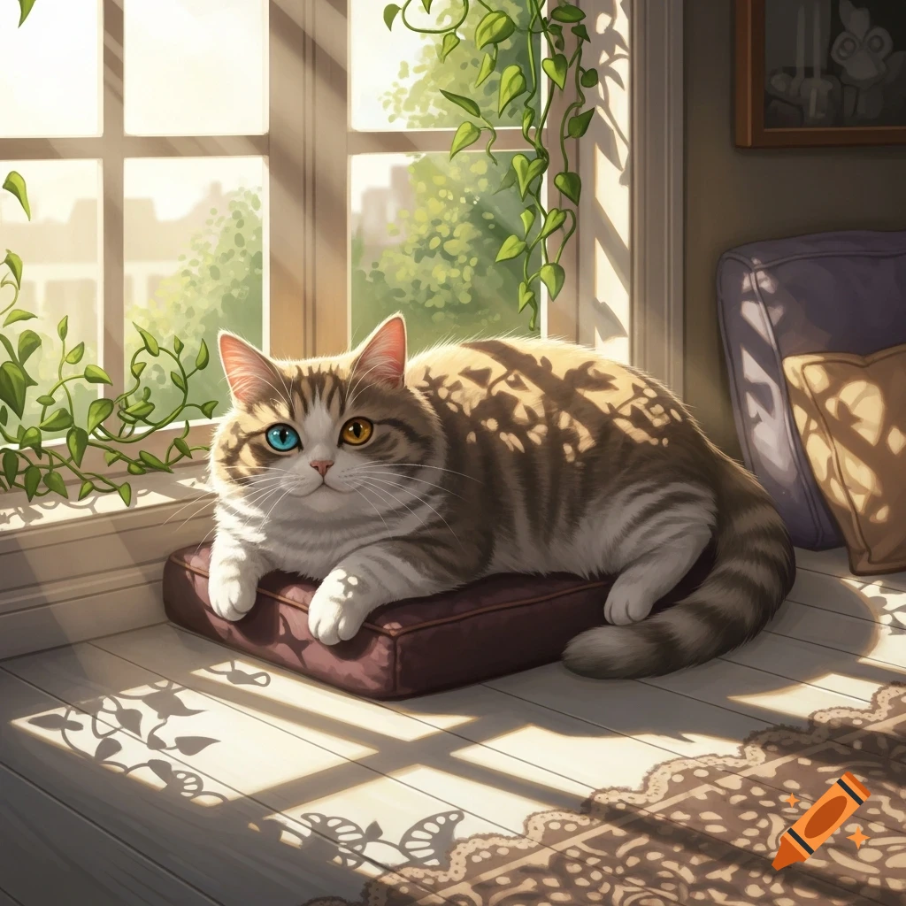 A fluffy tabby cat with heterochromia rests on a cushion by a sunlit window with green vines.