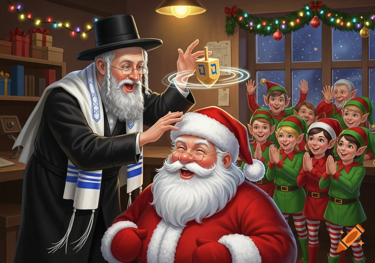 Cartoon rabbi spins a glowing dreidel over Santa's head, surrounded by cheering elves in a festive room.