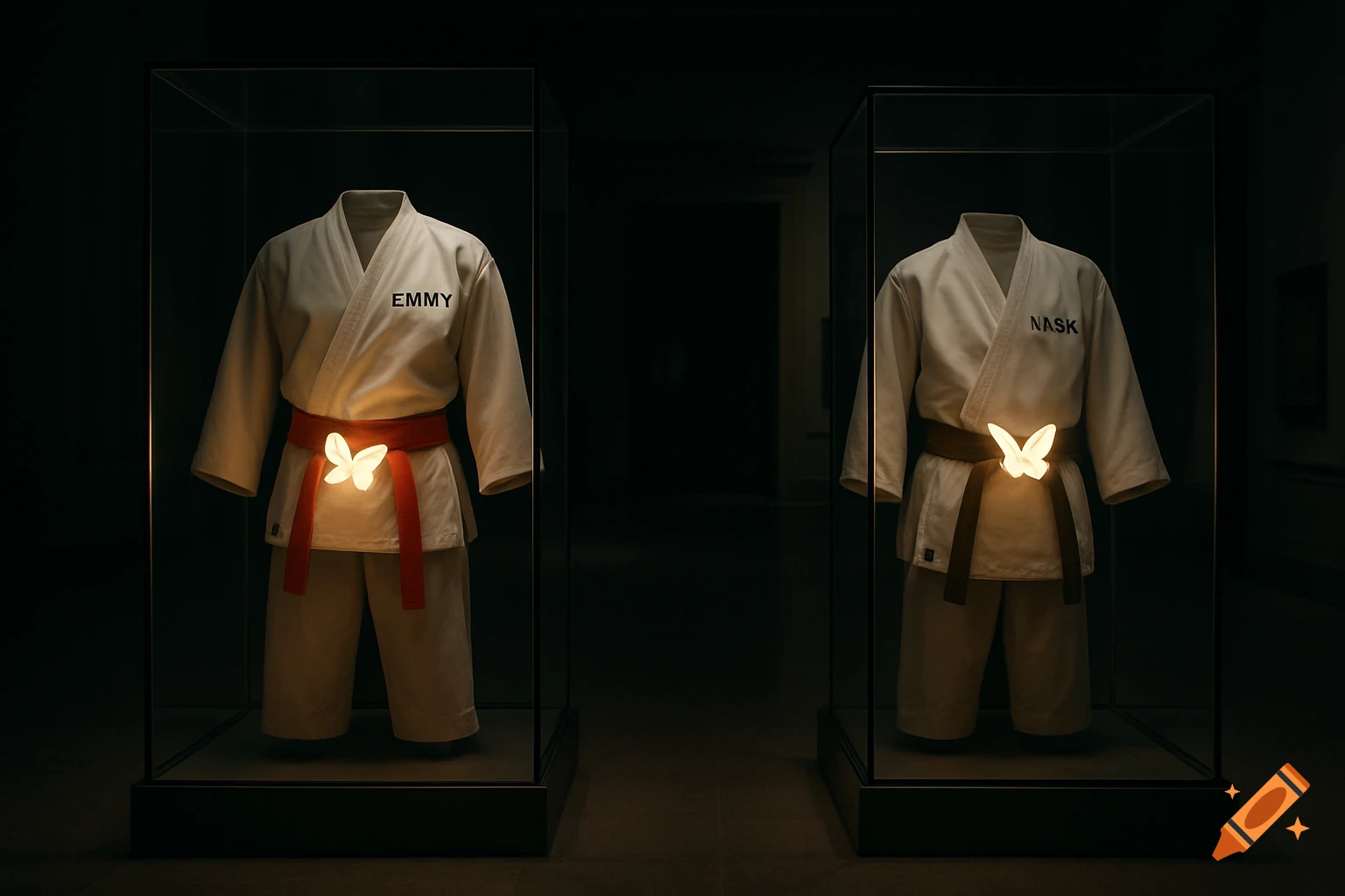 Two karate gis, one with 'EMMY' and a red belt, the other with 'NASK' and a brown belt, displayed in glass museum cases, each with a glowing butterfly.
