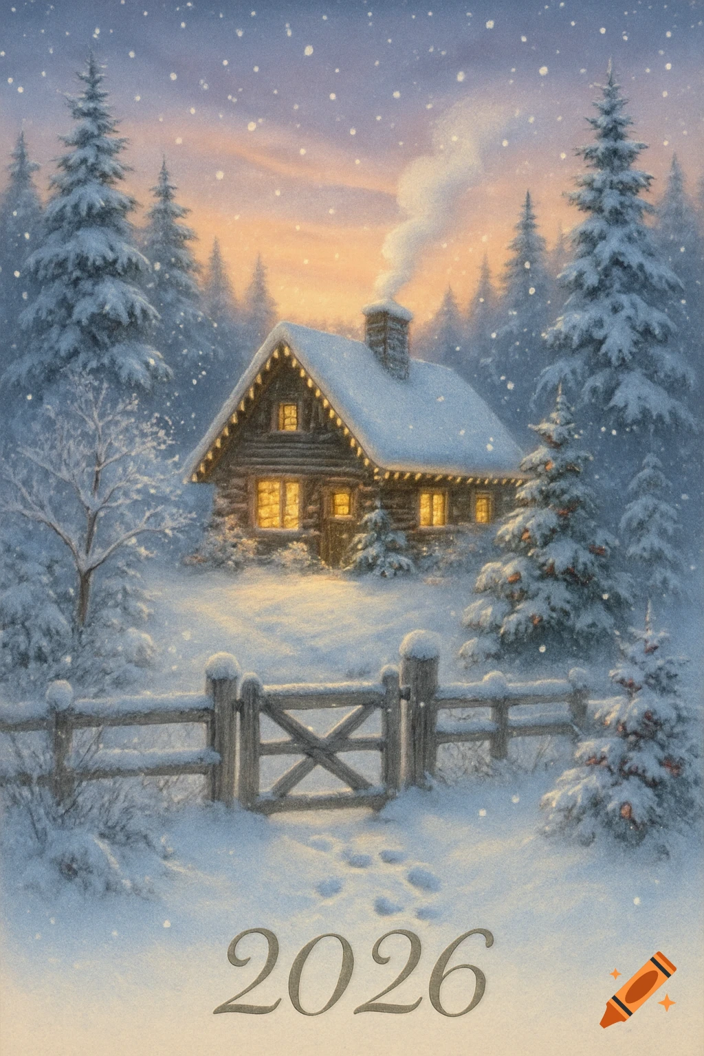 A cozy log cabin in a snowy forest at dusk, with glowing windows and smoke from the chimney, and the year '2026' below.