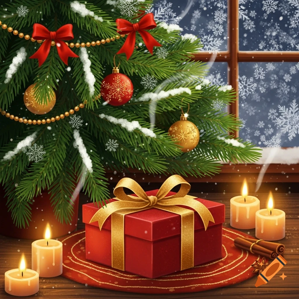 Decorated Christmas tree, red gift with gold ribbon, lit candles, and cinnamon sticks by a snowy window.