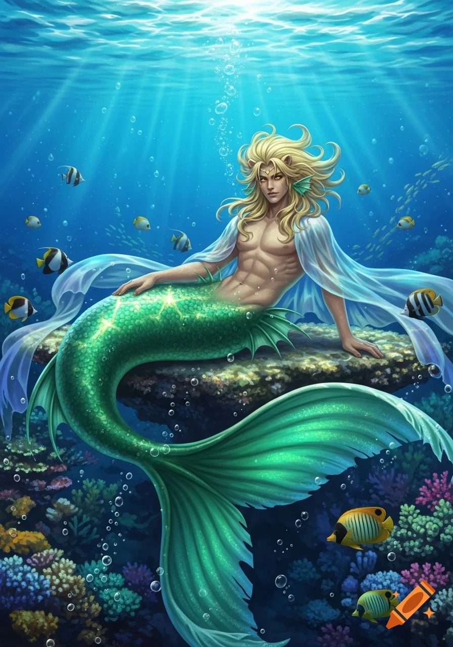 A blonde merman with a muscular torso and green tail rests on a rock underwater, surrounded by colorful fish and coral.