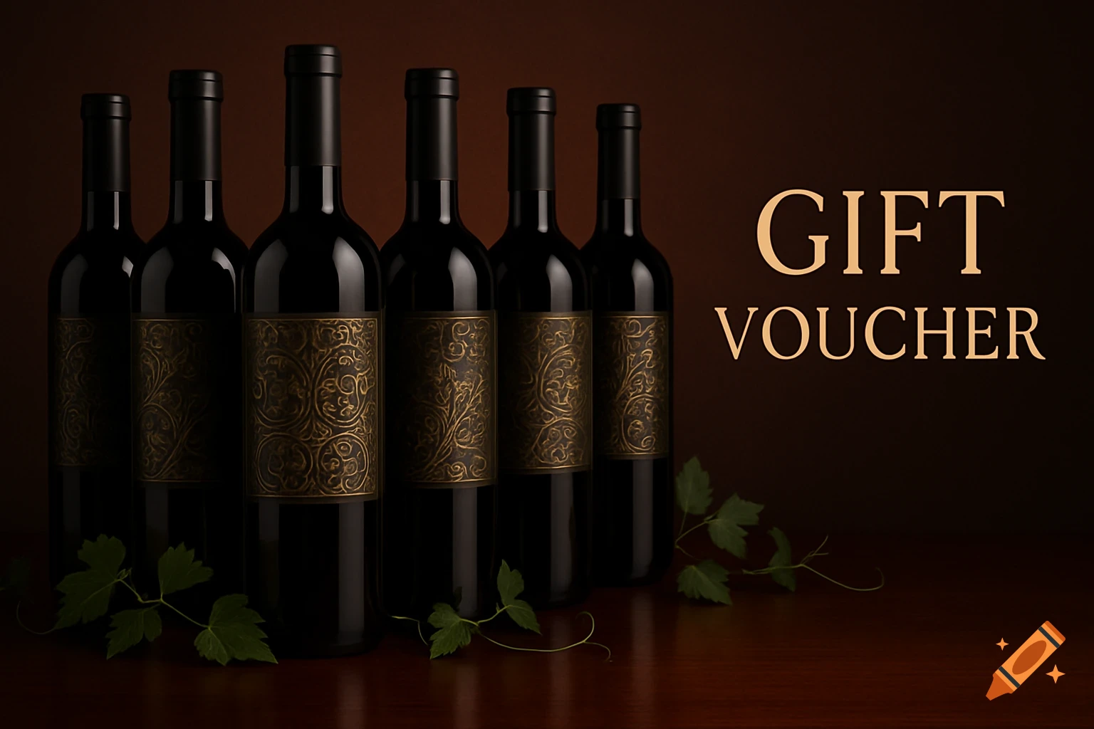 Six dark wine bottles with ornate gold labels and green leaves, with 'GIFT VOUCHER' text on a dark brown background.