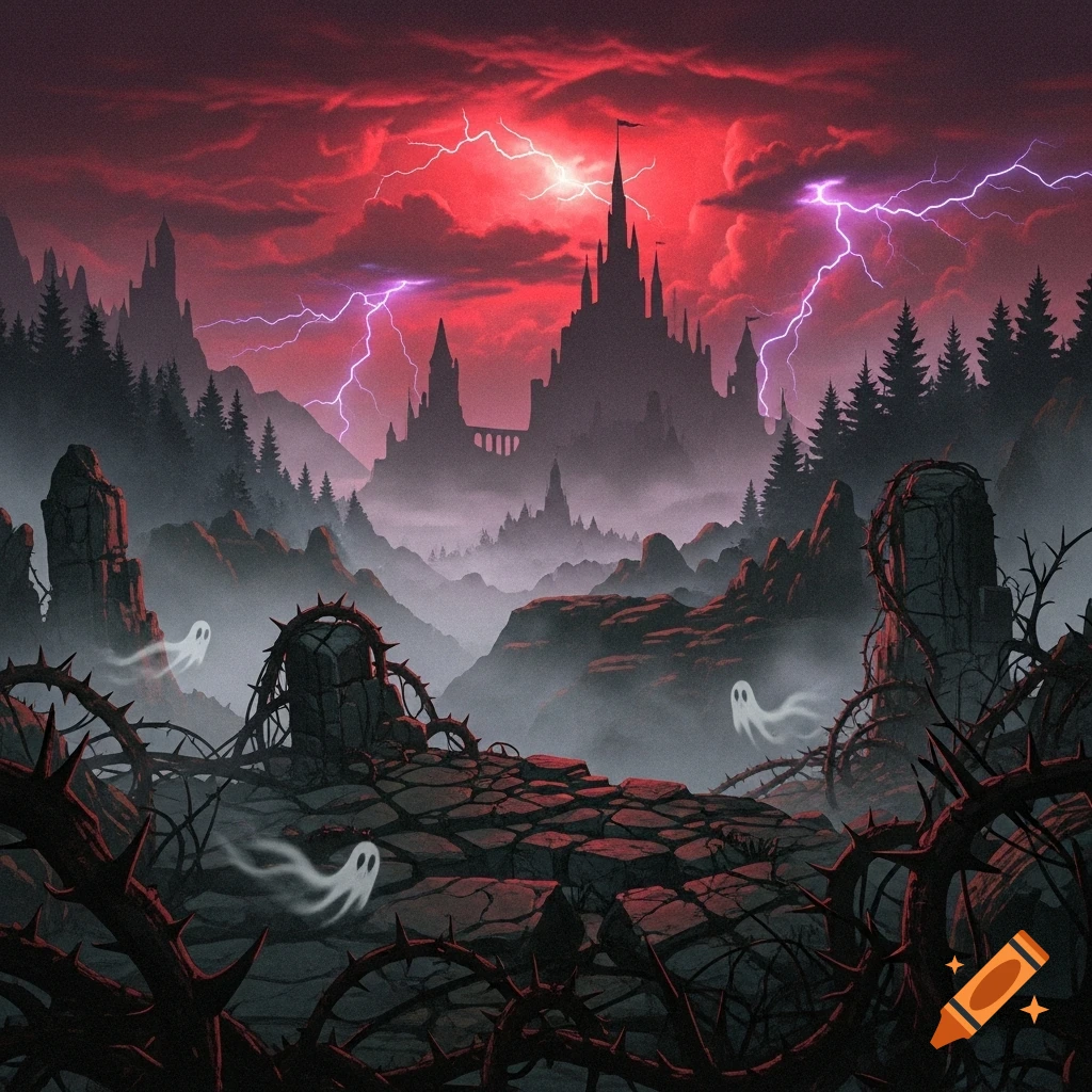 A dark fantasy landscape with a brooding castle under a red, lightning ...