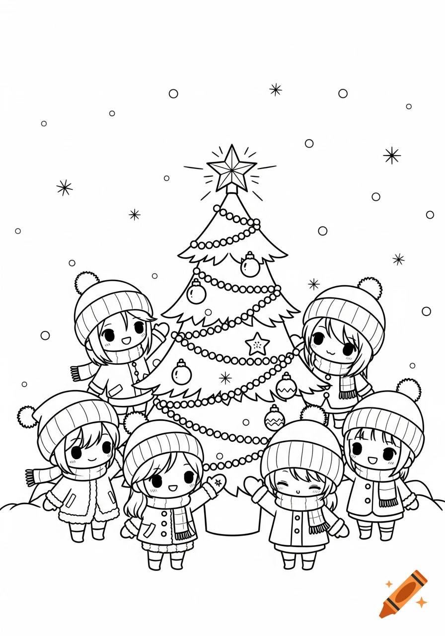 Black and white chibi cartoon of six children in winter clothes standing around a decorated Christmas tree in the snow.