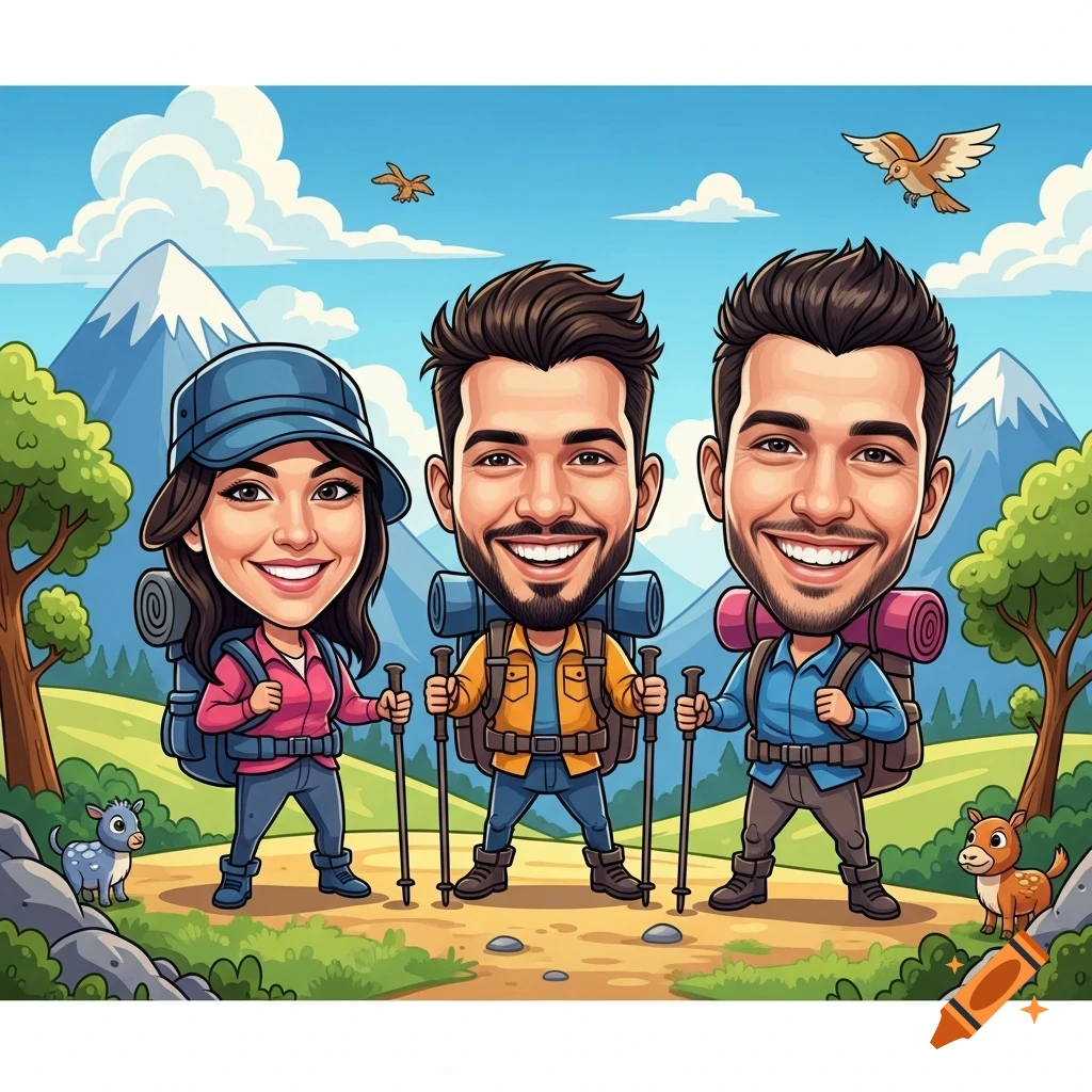 A colorful cartoon caricature of three smiling hikers with large heads, small bodies, backpacks, and walking sticks in a mountain landscape.