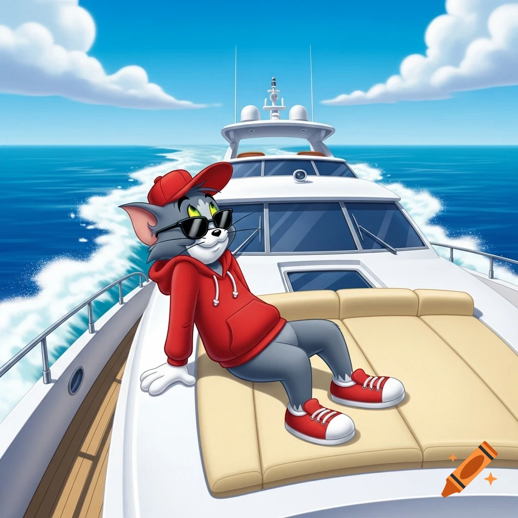 Tom from Tom and Jerry, wearing a red hoodie, cap, and sunglasses, relaxes on a luxury yacht at sea.
