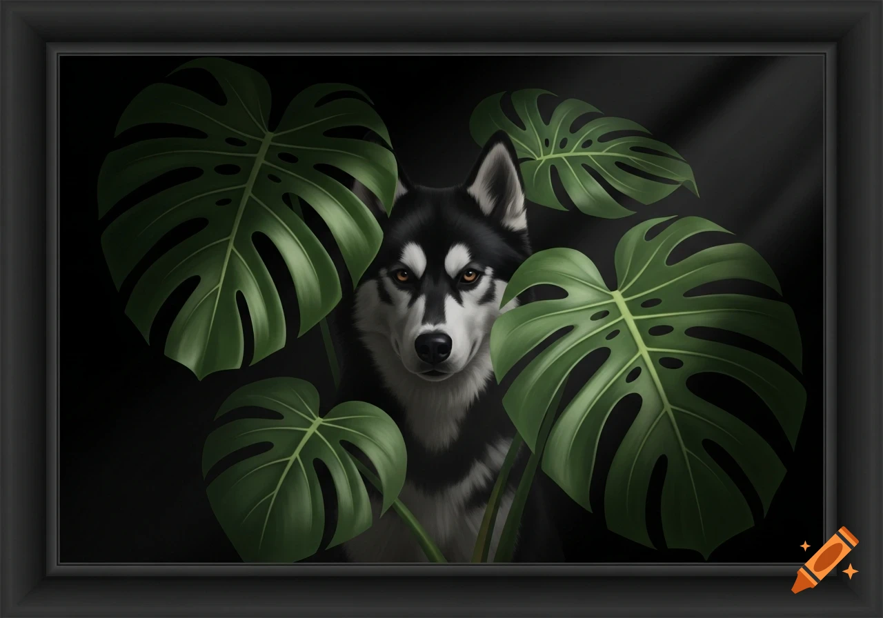 A black and white husky with amber eyes peers from behind large green monstera leaves on a dark background.