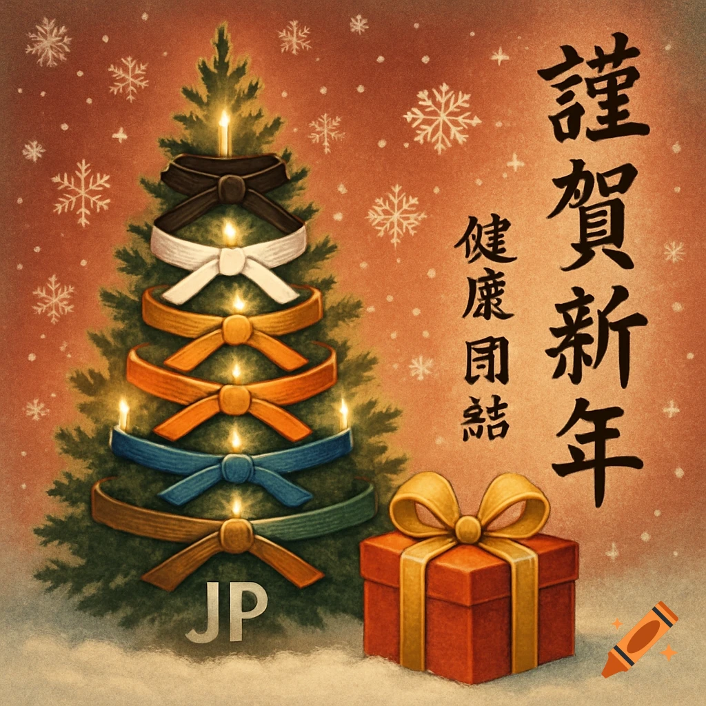 A Christmas tree decorated with martial arts belts in various colors and lit candles, with a red gift box beside it. Japanese New Year greetings and 'JP' text are also visible against a snowy red background.