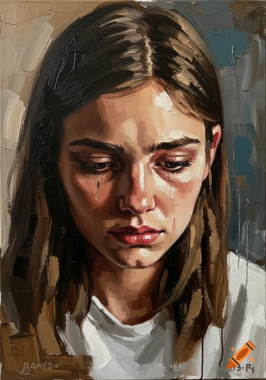 Oil painting of a young woman with a distraught expression, looking down, with tears on her cheeks, rendered with thick brushstrokes.