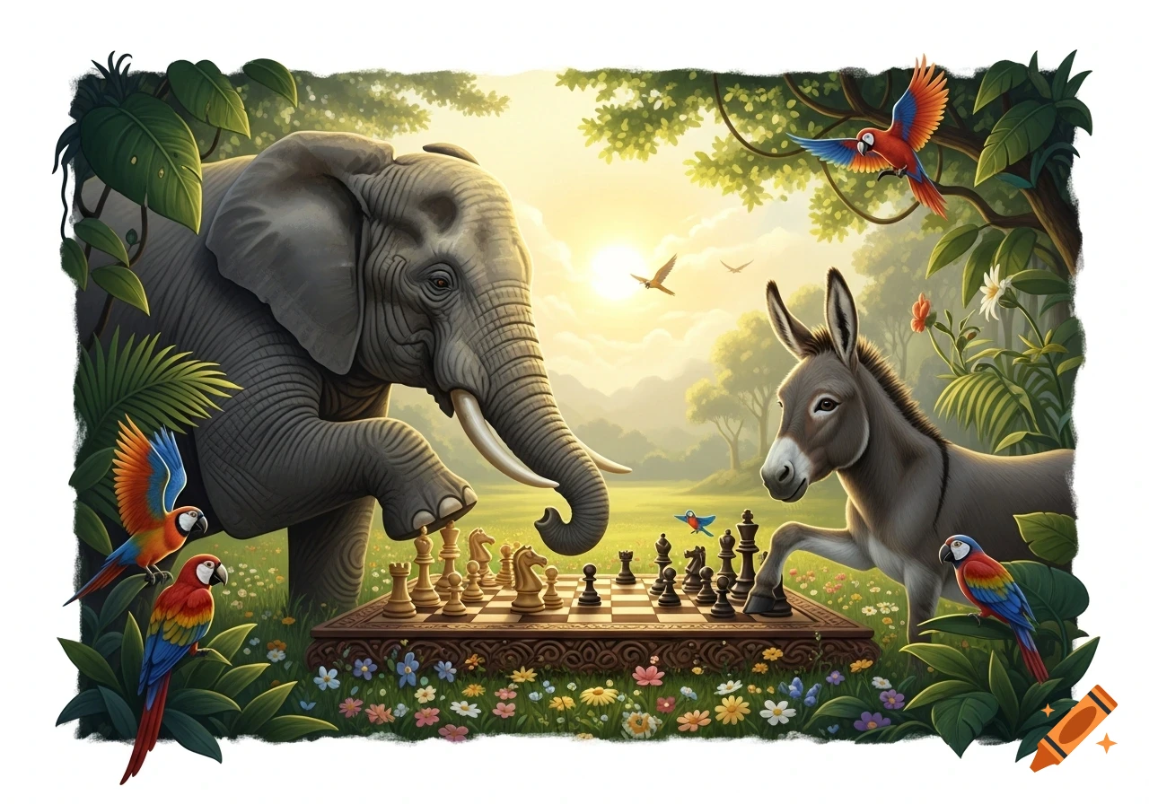 A whimsical illustration of an elephant and a donkey playing chess in a lush jungle, with colorful parrots nearby, at sunset.