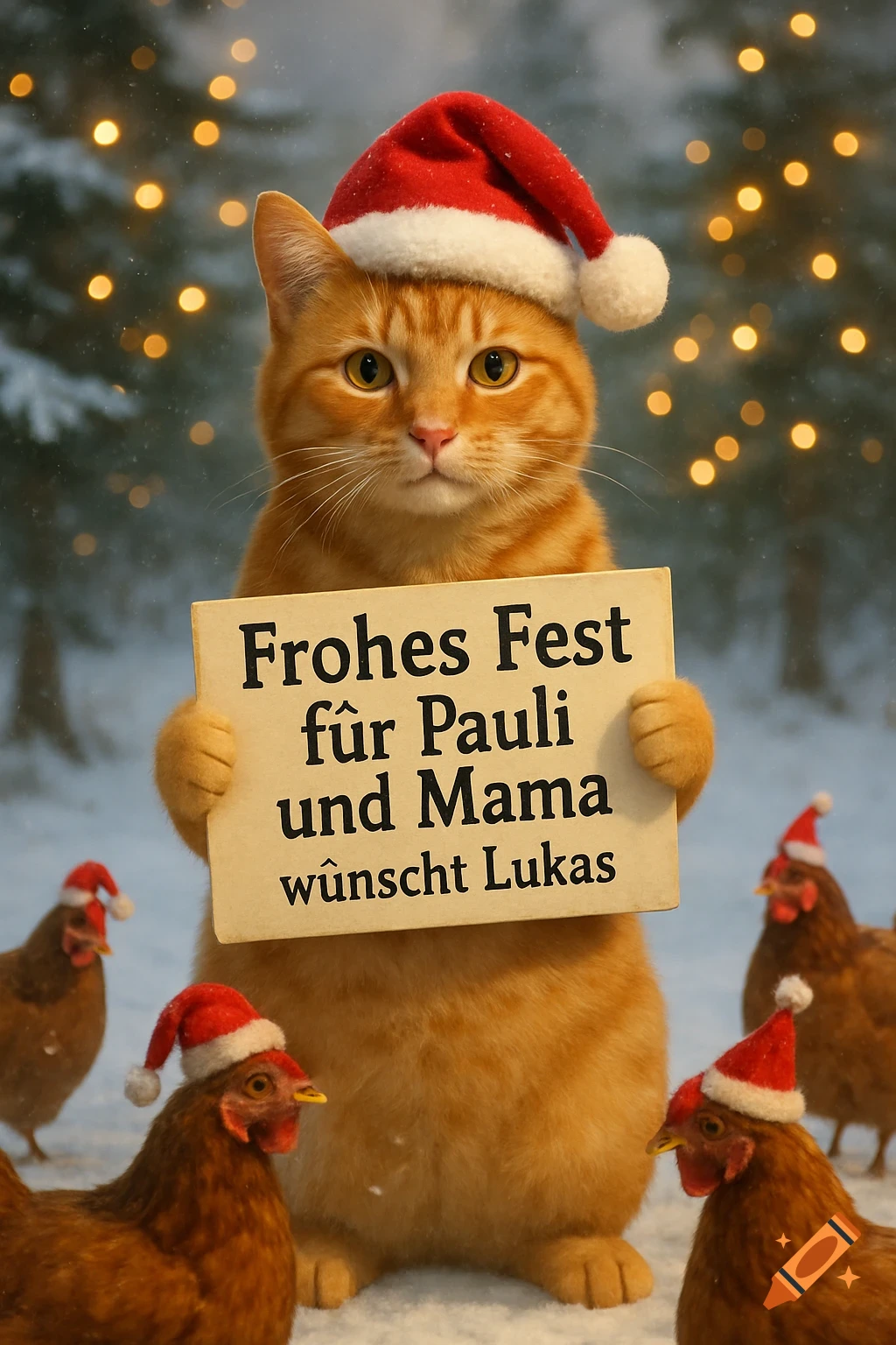 An orange tabby cat in a Santa hat holds a 'Merry Christmas' sign, flanked by chickens in Santa hats, in a snowy scene.