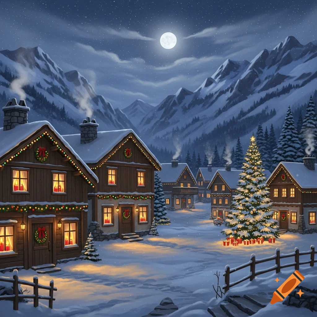 A cozy, snowy village nestled in mountains at night, illuminated by a full moon and warm Christmas lights, with a decorated Christmas tree.