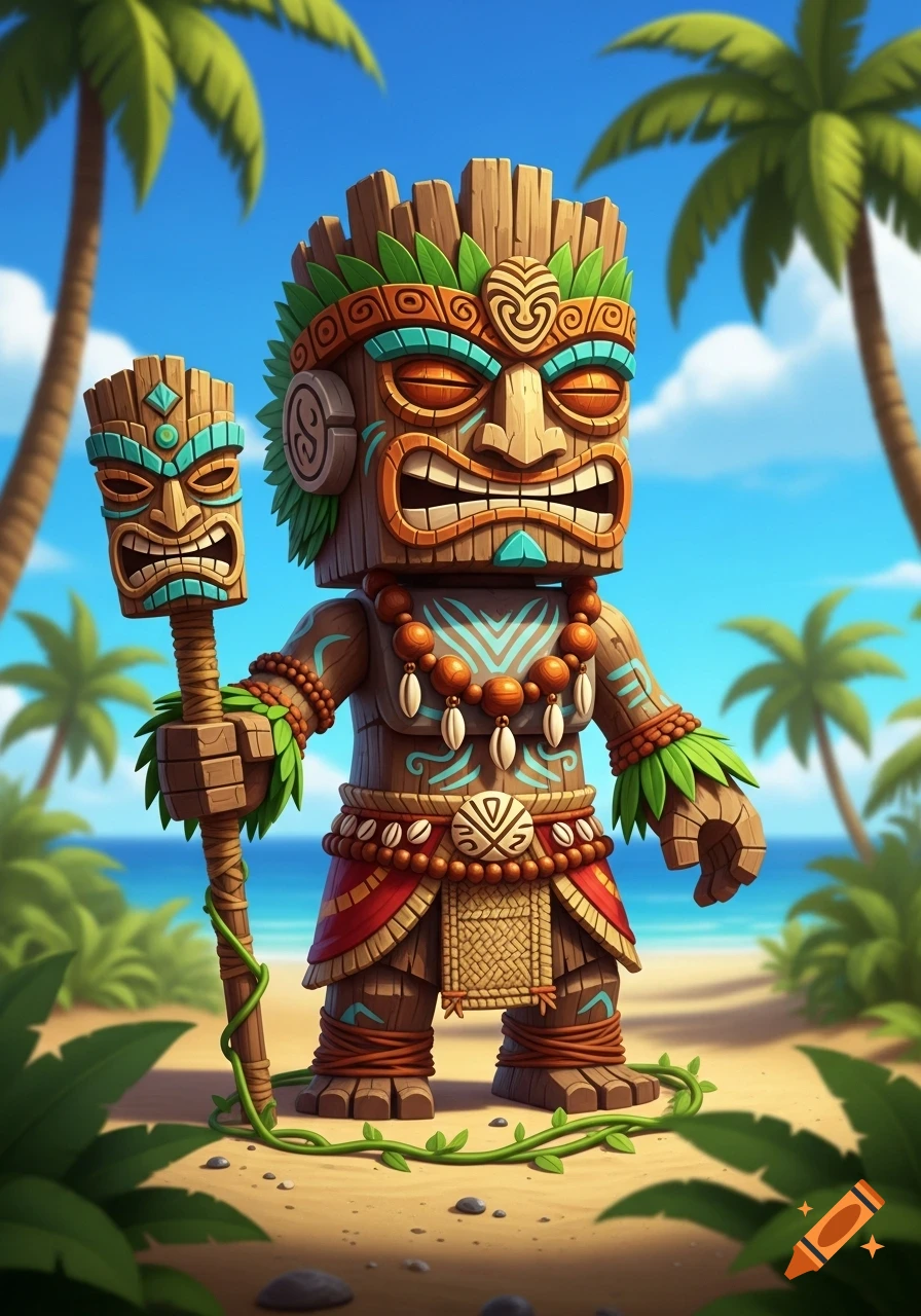 A colorful, stylized tiki statue with tribal markings and a headdress, holding a staff on a sunny tropical beach.