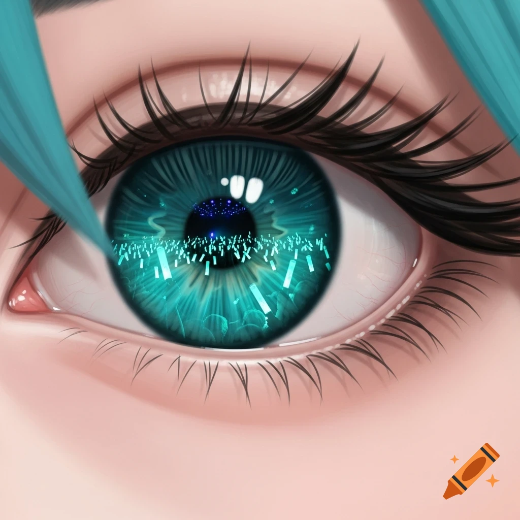 A close-up of a stylized teal eye reflecting a concert crowd waving glowing teal sticks.