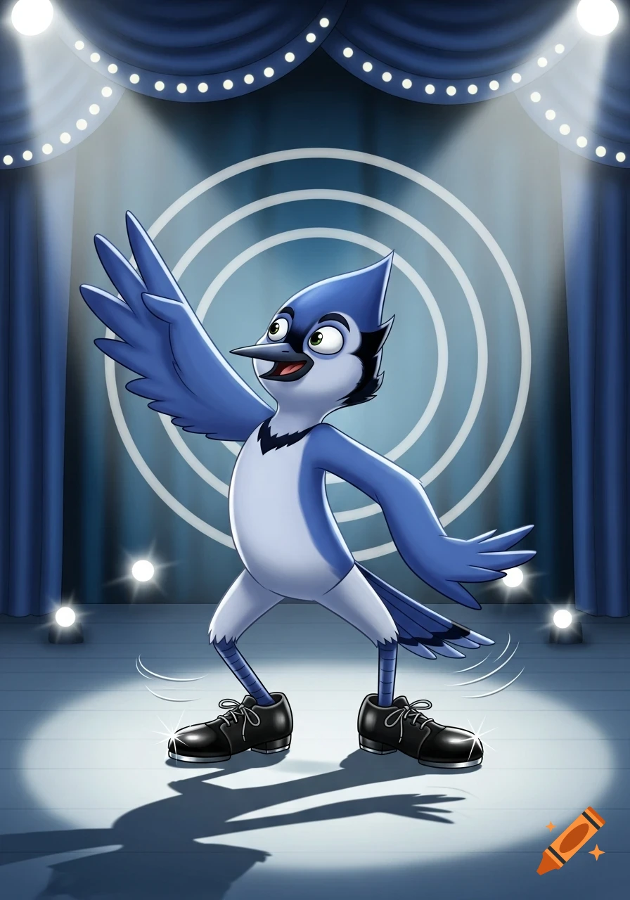 A cartoon blue jay character tap dancing on a spotlighted stage with black tap shoes.
