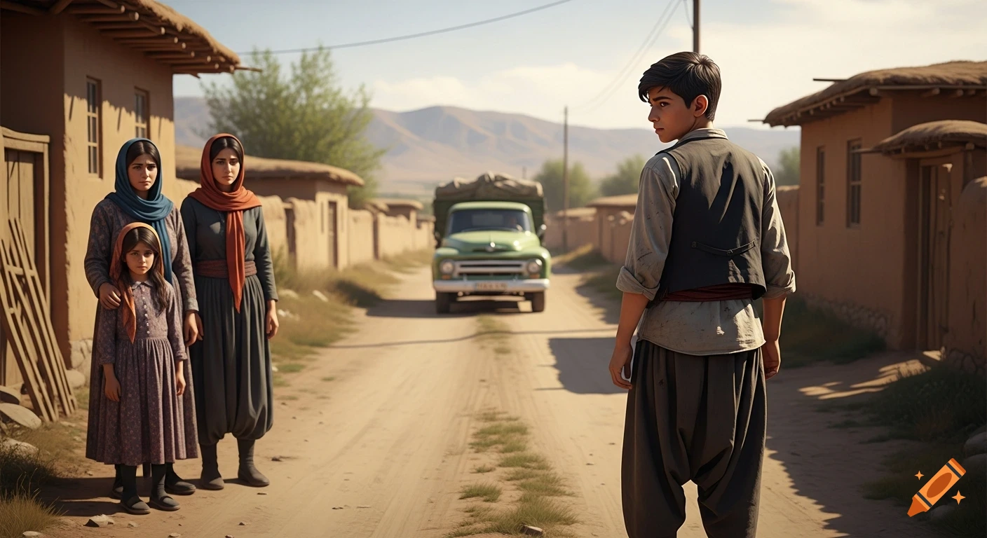 A boy on a dusty village road turns toward a truck while his mother and sister watch him leave. Photorealistic.