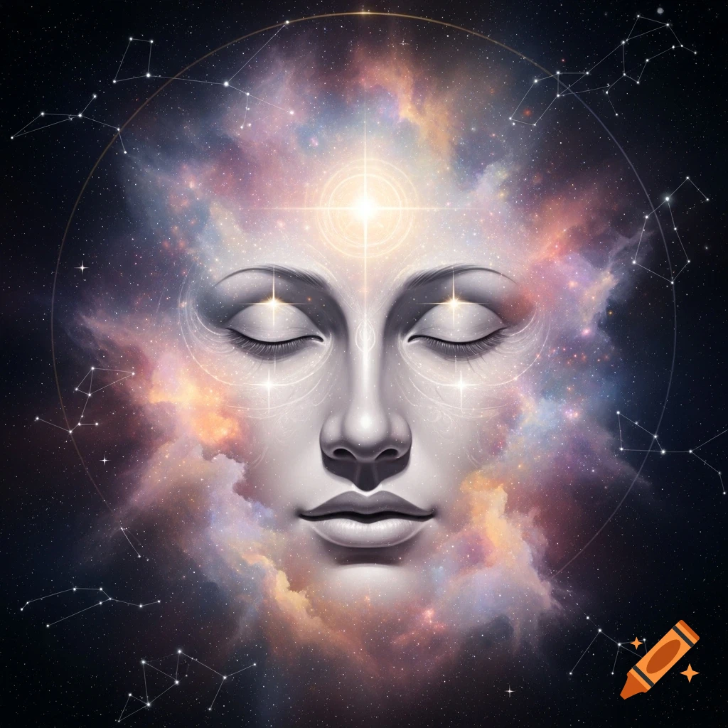 Serene ethereal face with closed eyes, a glowing light on the forehead, set against a vibrant cosmic nebula and starry constellations.