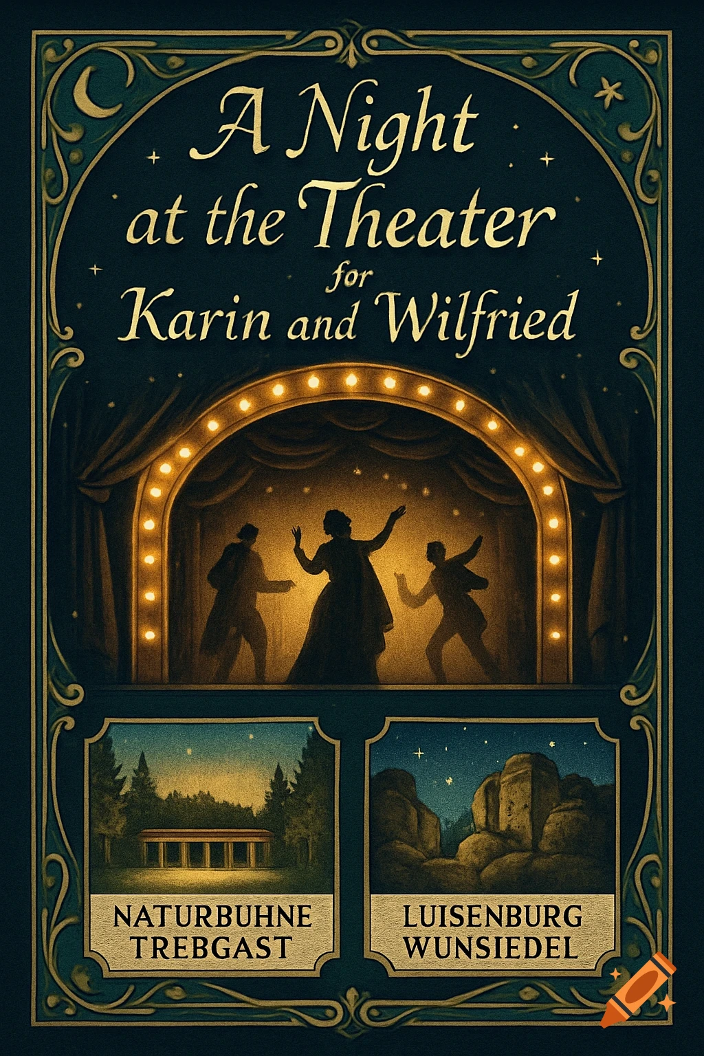 An ornate dark blue and gold art deco style voucher for 'A Night at the Theater for Karin and Wilfried', featuring silhouettes of performers on stage, with two options below: 'Naturbühne Trebgast' and 'Luisenburg Wunsiedel'.