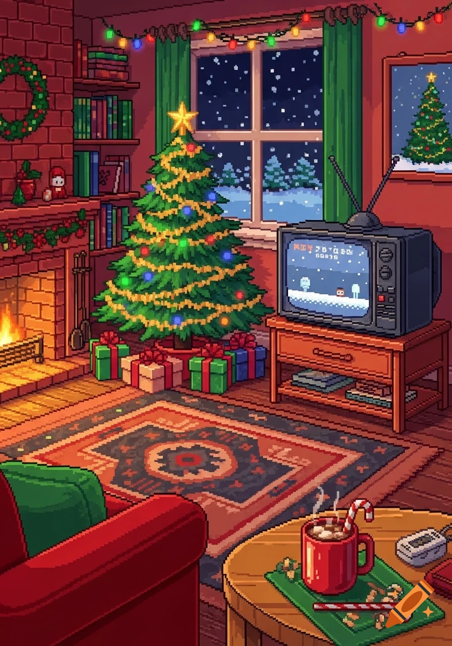 A cozy pixel art scene of a living room decorated for Christmas Eve with a lit tree, fireplace, and a retro TV displaying a game.