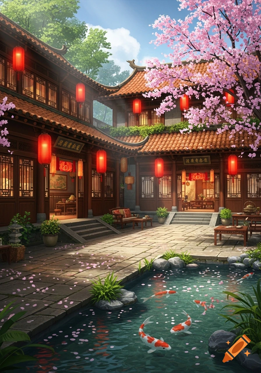 A traditional East Asian courtyard with a two-story building, red lanterns, a blooming cherry tree, and a koi pond.