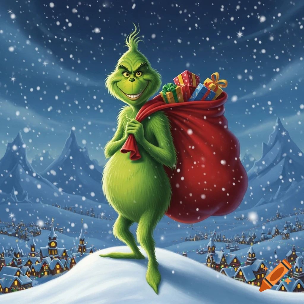 The Grinch, a green furry creature, grins while carrying a large red sack of presents on a snowy hilltop overlooking a festive village at night.
