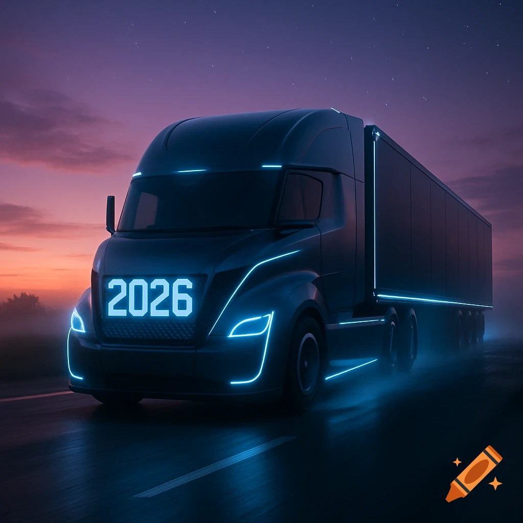A futuristic black 18-wheeler truck with glowing blue neon lines and "2026" displayed on its grill, driving on a road at twilight.